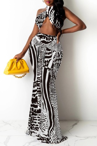 Black Sexy Print Bandage Backless Halter Sleeveless Two Pieces