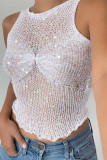 White Sexy Solid Hollowed Out Sequins Patchwork O Neck Tops