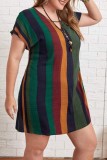 Green Casual Striped Print Basic V Neck Short Sleeve Dress Plus Size Dresses