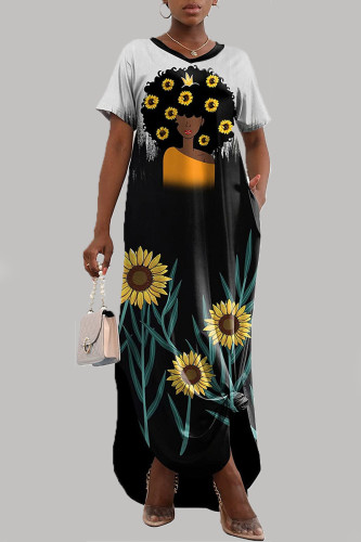 Green Casual Street Print Patchwork V Neck Straight Dresses
