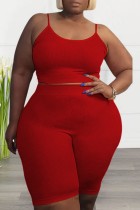 Röd Sexig Casual Solid Backless Spaghetti Strap Plus Size Two Pieces
