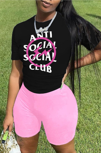 Pink Casual Print Patchwork O Neck Short Sleeve Two Pieces
