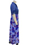 Blauwe casual print patchwork overhemdkraag lange jurkjurken