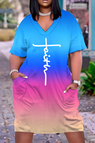 Blue Pink Casual Print Basic V Neck Short Sleeve Dress