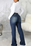 Djupblå Casual Solid Patchwork jeans med hög midja