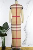 Bruine casual print patchwork schuine kraag rechte jurken