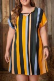 Повседневное платье цвета хаки с полосатым принтом Базовое платье с коротким рукавом и V-образным вырезом Платья больших размеров