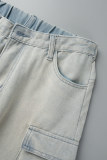Light Blue Casual College Solid Make Old Patchwork Pocket High Waist Baggy Wide Leg Ripped Denim Jeans