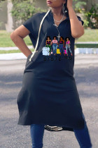 ネイビーブルーカジュアルストリートプリントパッチワークバックレスフード付きカラーストレートドレス