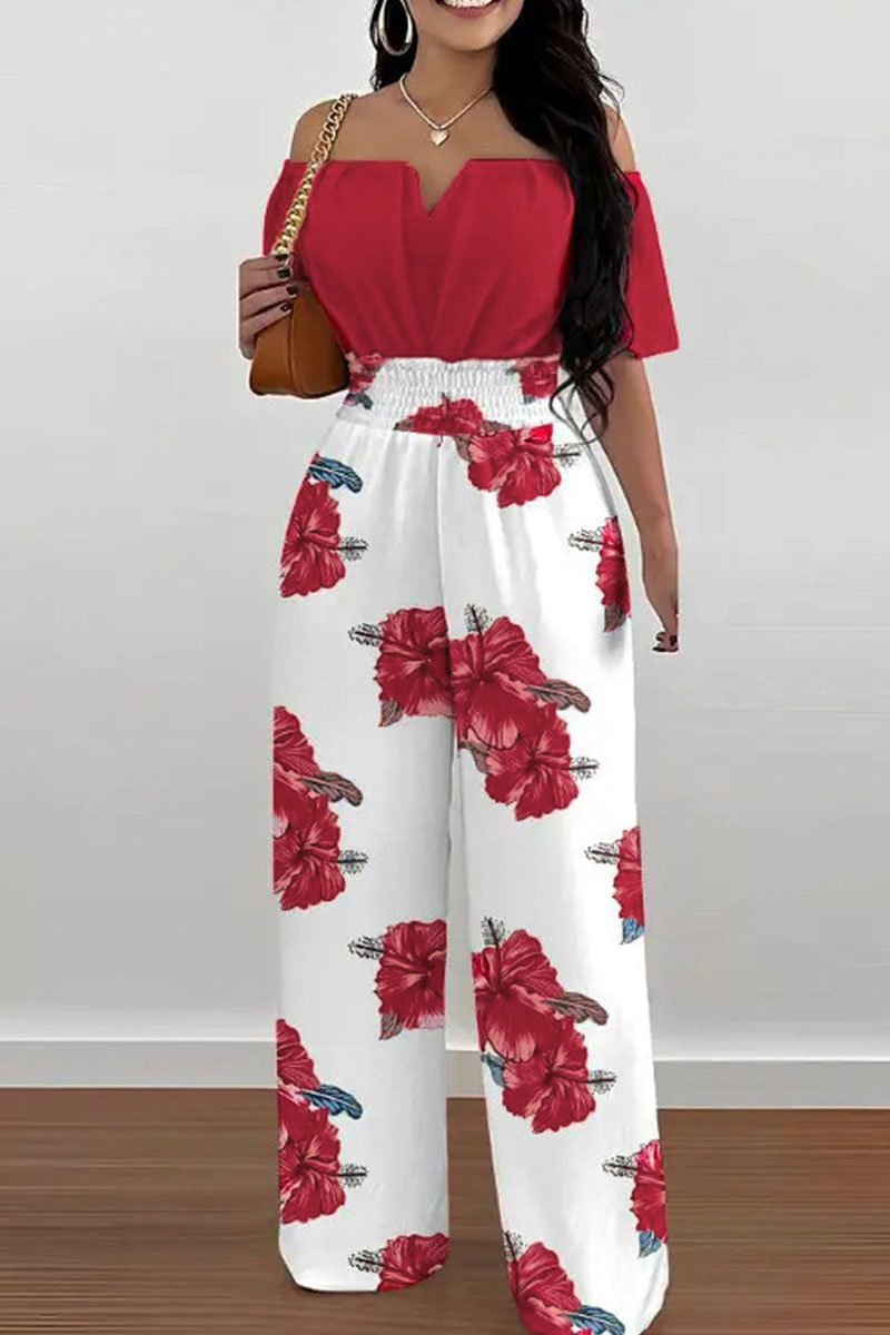 

Red Casual Print Patchwork Off the Shoulder Straight Jumpsuits