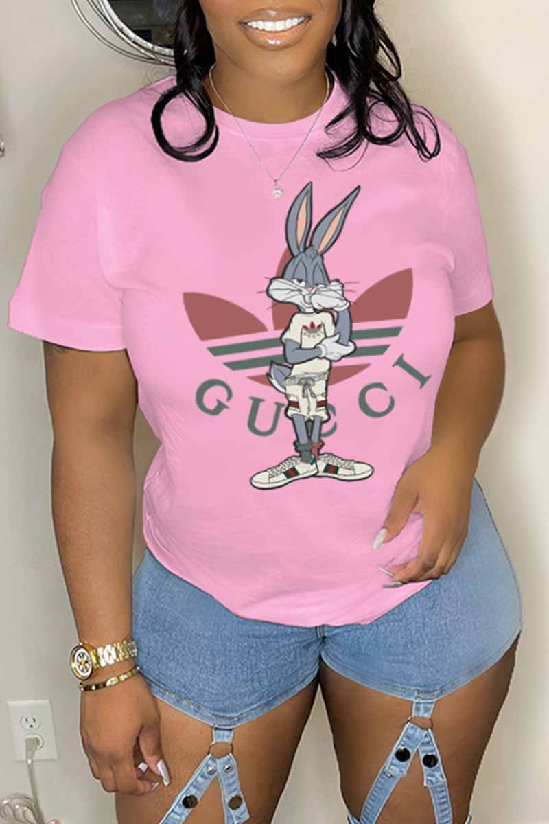 

Pink Casual Character Print Letter O Neck T-Shirts