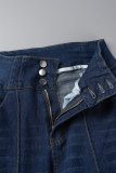 Jeans jeans azul escuro casual patchwork sólido de cintura alta