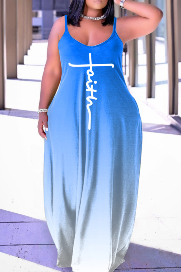 Небесно-голубой сексуальный повседневный принт с открытой спиной на бретельках длинное платье платья