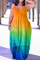 Orange Rainbow Sexy Casual Print Backless Spaghetti Strap Long Loose Cami Maxi Dresses