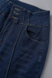 Tiefblaue, lässige, solide Patchwork-Denim-Jeans mit hoher Taille