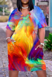 Multicolor Casual Rainbow Print Patchwork V Neck Short Sleeve T-shirt Loose Dress