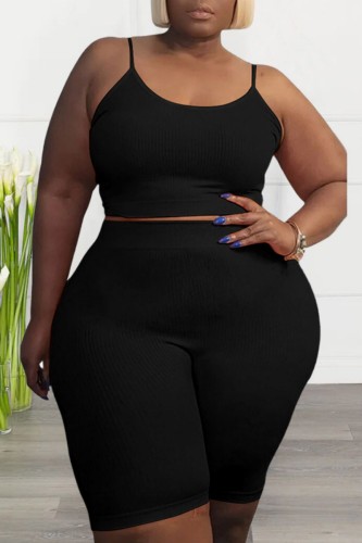 Noir Sexy Casual Solid Backless Spaghetti Strap Plus Size Two Pieces