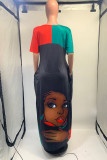 Flerfärgad Casual Street Print Patchwork U-hals långa klänningar