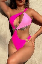 Rose Red Sexy Solid Patchwork Backless Contrast Swimwears (mit Polsterungen)