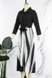 Zwarte casual elegante print patchwork gesp turndown kraag A-lijn jurken