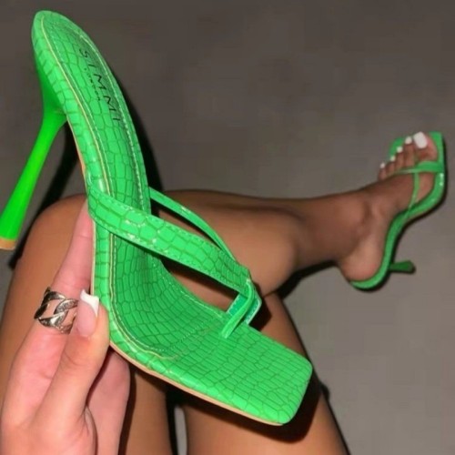 Chaussures de porte carrées en patchwork décontracté vert fluo de couleur unie (hauteur du talon 3.7 pouces)