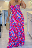 Pink Purple Vacation Print Patchwork Strapless Straight Dresses