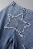 Blue Street Solid Tofs Ripped Make Old Patchwork High Waist Denim Jeans