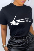 T-shirts noirs Street Vintage Print Skull Patchwork Lettre O Neck