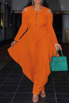 Oranje casual effen patchwork V-hals losse jumpsuits