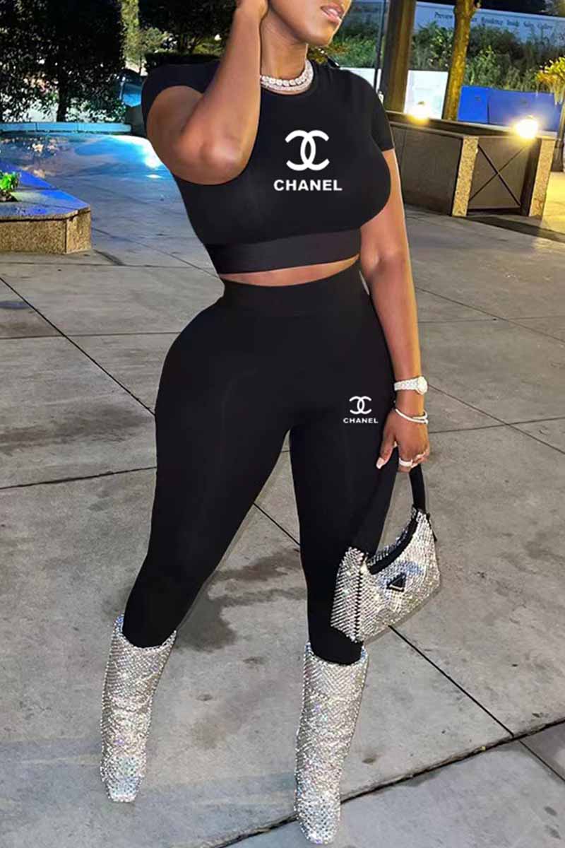 

Black Casual Print Patchwork Letter O Neck Short Sleeve Two Pieces