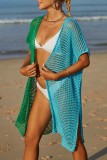 Türkisfarbener, sexy, ausgehöhlter, durchsichtiger Cardigan mit kontrastierendem Patchwork-Badeanzug