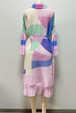 Roze casual elegante print patchwork gesp volant vouw turndown kraag rechte jurken