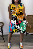 Grå Casual Street Print Patchwork V-hals Raka klänningar