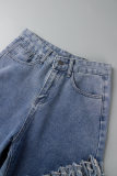 Blue Street Solid Tofs Ripped Make Old Patchwork High Waist Denim Jeans