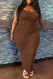 Marrom escuro sexy sólido patchwork alça espaguete saia um degrau vestidos tamanho grande