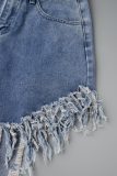 Blue Street Solid Tassel Ripped Make Old Patchwork High Waist Denim Jeans