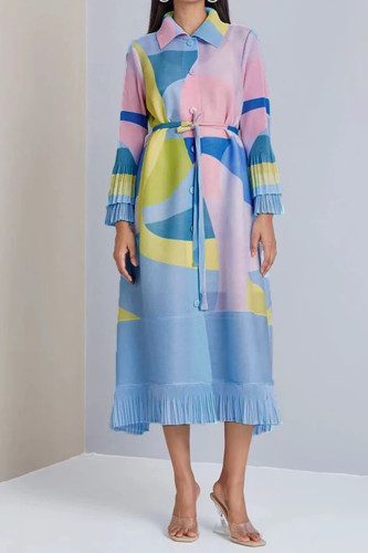 Light Blue Casual Elegant Print Patchwork Buckle Flounce Fold Turndown Collar Straight Dresses