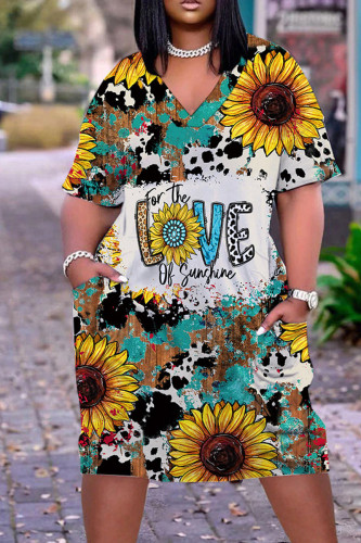 Yellow Blue Casual Work Print Patchwork V Neck Straight Dresses