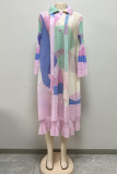 Pink Casual Elegant Print Patchwork Buckle Flounce Fold Turndown Collar Straight Dresses