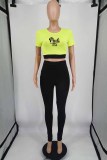 Fluorescent Green Casual Print Patchwork Letter O Neck Short Sleeve Two Pieces