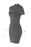 グレー カジュアル ストリート プリント パッチワーク O ネック ペンシル スカート ドレス