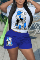 White Blue Casual Print Patchwork O Neck Short Sleeve Two Pieces