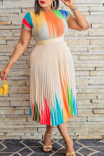 Apricot Casual Elegant Gradual Change Print Patchwork Fold O Neck Short Sleeve Two Pieces