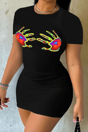 Black Sexy Casual Print Patchwork O Neck Sheath Dresses