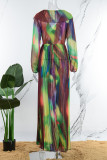 Colour Casual Elegant Print Patchwork Flounce Fold V Neck A Line Dresses(Without Belt)