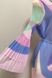 Light Blue Casual Elegant Print Patchwork Buckle Flounce Fold Turndown Collar Straight Dresses