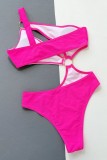 Rose Red Sexy Solid Patchwork Backless Contrast Swimwears (With Paddings)