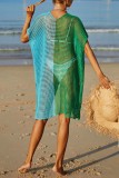 Turquoise Sexy Patchwork Hollowed Out See-through Cardigan Contrast Swimwears Cover Up