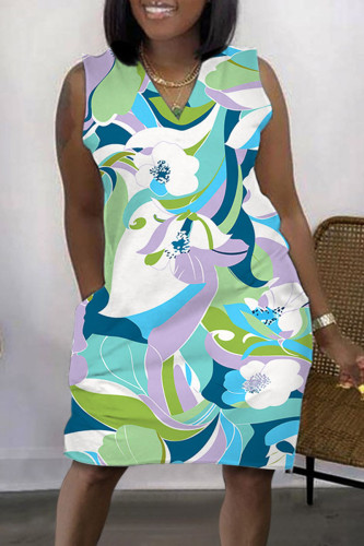 Green Casual Street Print Patchwork V Neck Straight Dresses