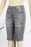 Pantalones cortos de mezclilla de cintura alta con pliegues de patchwork liso negro de Street